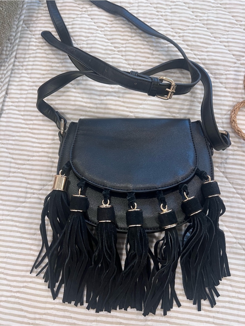 Black Leather Tassel Crossbody Bag - Women